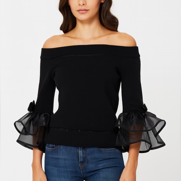 Black Tulle Bow Sleeve Sleeve Sweater - Picture 1 of 6